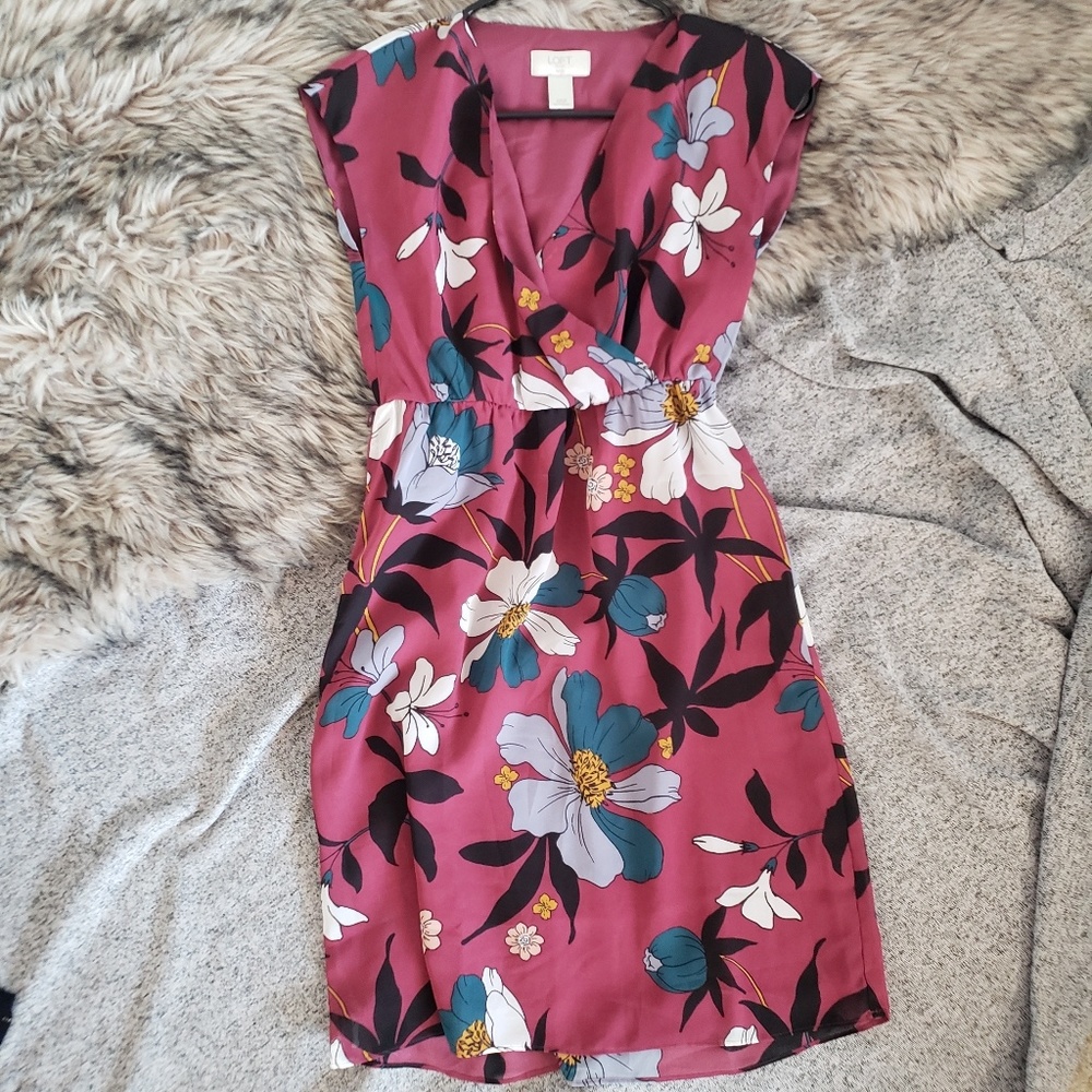 Loft Red Floral Faux Wrap Midi Dress SzXXSP Petite